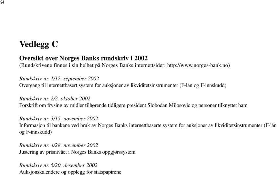 oktober 2002 Forskrift om frysing av midler tilhørende tidligere president Slobodan Milosovic og personer tilknyttet ham Rundskriv nr. 3/15.