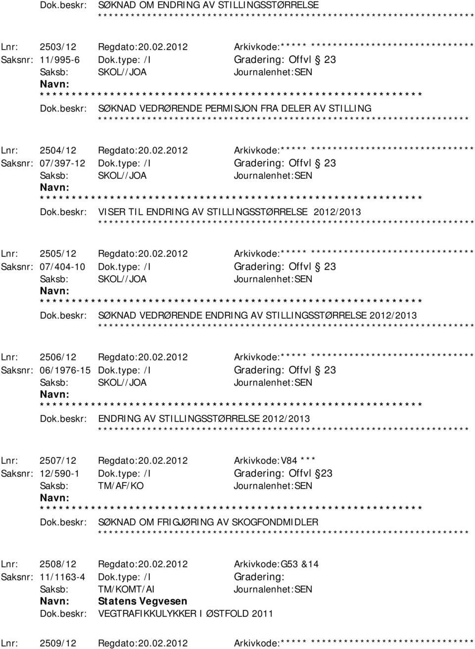 beskr: VISER TIL ENDRING AV STILLINGSSTØRRELSE 2012/2013 ********* Lnr: 2505/12 Regdato:20.02.2012 Arkivkode:***** ****************************** Saksnr: 07/404-10 Dok.type: /I Offvl 23 Dok.