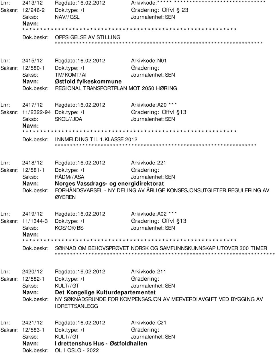 beskr: REGIONAL TRANSPORTPLAN MOT 2050 HØRING Lnr: 2417/12 Regdato:16.02.2012 Arkivkode:A20 *** Saksnr: 11/2322-94 Dok.type: /I Offvl 13 Dok.beskr: INNMELDING TIL 1.