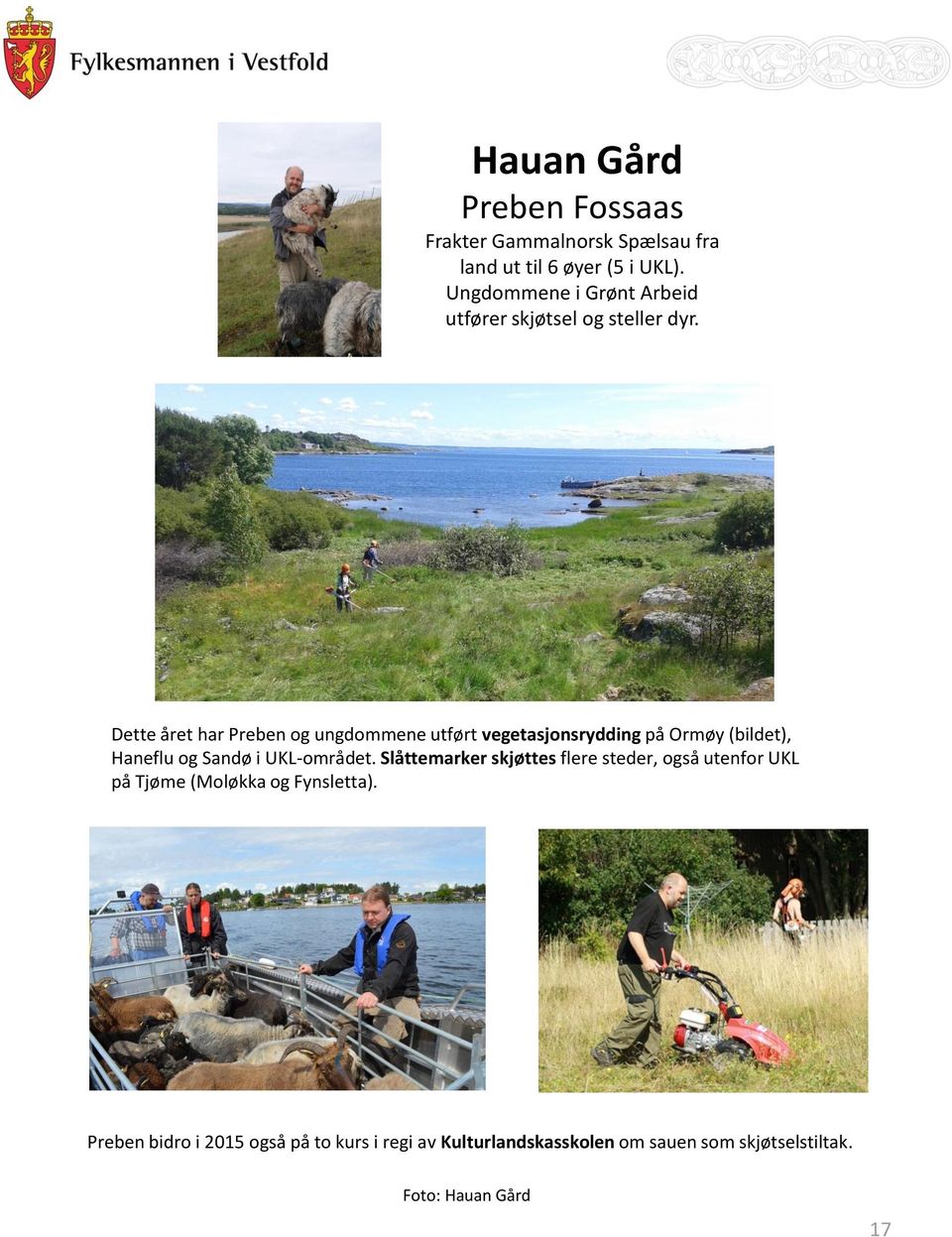 Foto: Hauan Gård Foto: Hauan Gård Dette året har Preben og ungdommene utført vegetasjonsrydding på Ormøy (bildet), Haneflu