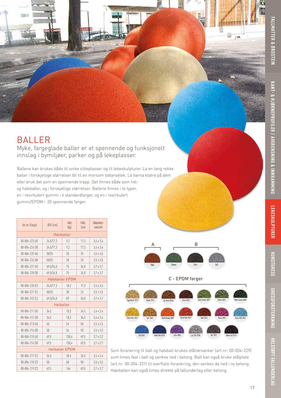 Det finnes både som helog halvballer, og i forskjellige størrelser. Ballene finnes i to typer, en i resirkulert gummi i 4 standardfarger, og en i resirkulert gummi/epdm i 20 spennende farger. Art.