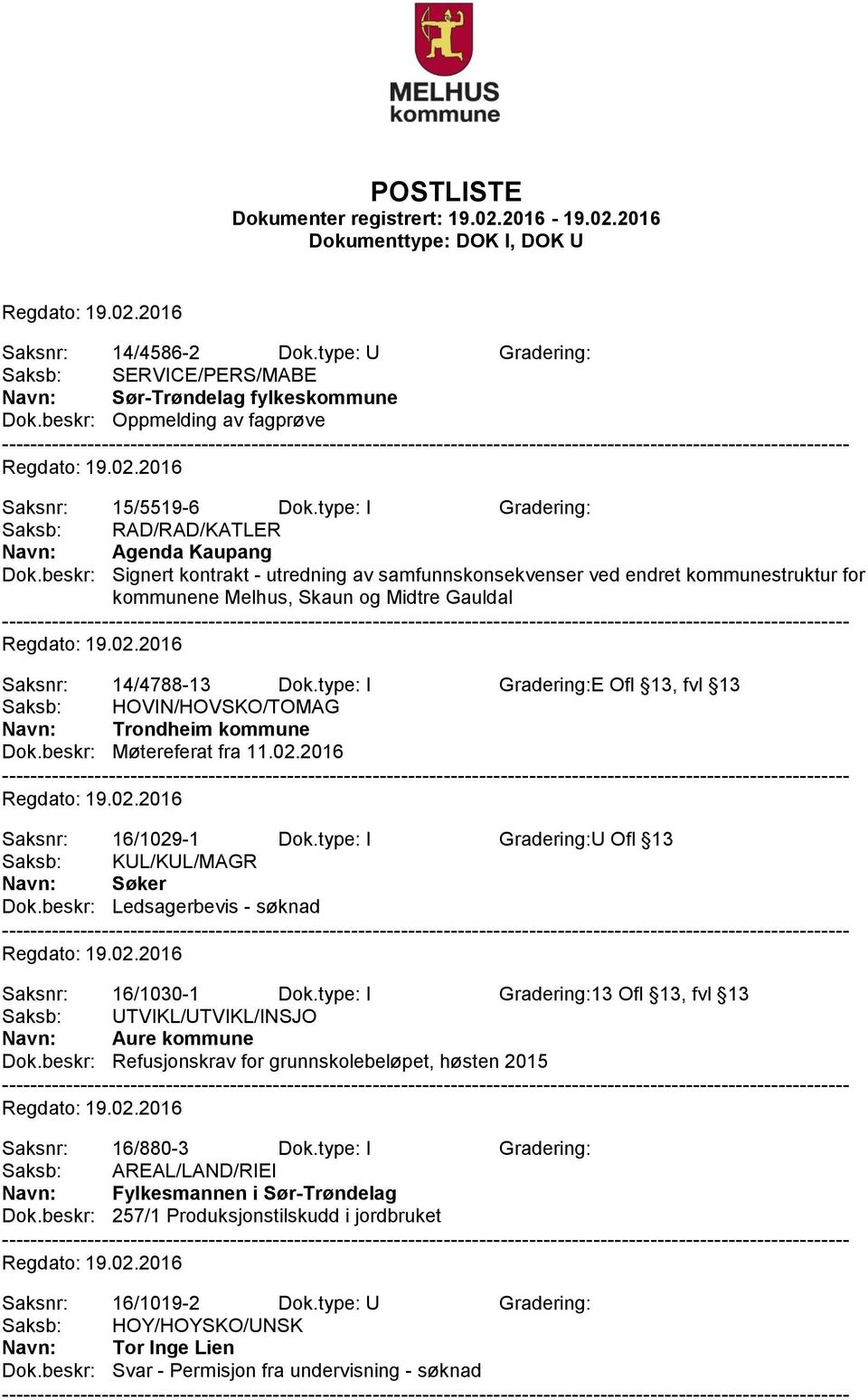 beskr: Signert kontrakt - utredning av samfunnskonsekvenser ved endret kommunestruktur for kommunene Melhus, Skaun og Midtre Gauldal Saksnr: 14/4788-13 Dok.