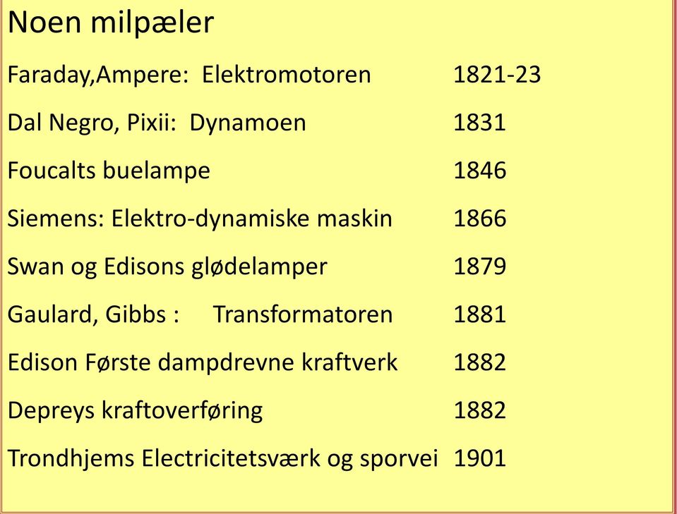 glødelamper 1879 Gaulard, Gibbs : Transformatoren 1881 Edison Første dampdrevne