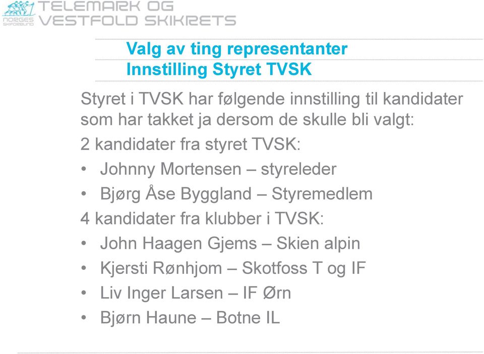 Mortensen styreleder Bjørg Åse Byggland Styremedlem 4 kandidater fra klubber i TVSK: John