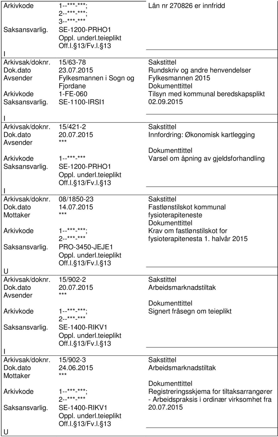 15/421-2 Sakstittel Dok.dato 20.07.2015 nnfordring: Økonomisk kartlegging 1--***-*** Varsel om åpning av gjeldsforhandling SE-1200-PRHO1 Arkivsak/doknr. 08/1850-23 Sakstittel Dok.dato 14.07.2015 Fastlønstilskot kommunal PRO-3450-JEJE1 fysioterapiteneste Krav om fastlønstilskot for fysioterapitenesta 1.