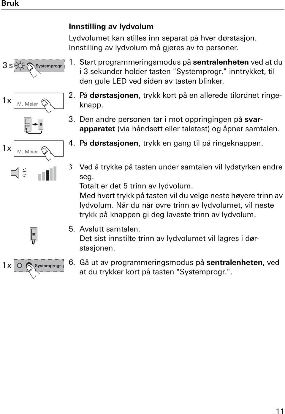 På dørstasjonen, trykk kort på en allerede tilordnet ringeknapp. 3. Den andre personen tar i mot oppringingen på svarapparatet (via håndsett eller taletast) og åpner samtalen. 4.