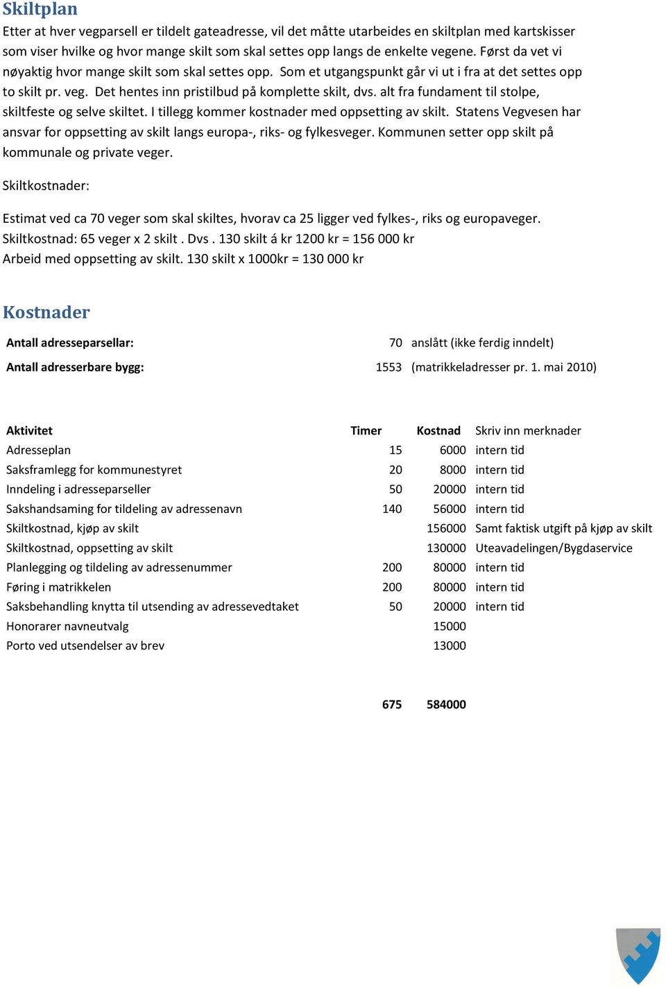 alt fra fundament til stolpe, skiltfeste og selve skiltet. I tillegg kommer kostnader med oppsetting av skilt. Statens Vegvesen har ansvar for oppsetting av skilt langs europa-, riks- og fylkesveger.