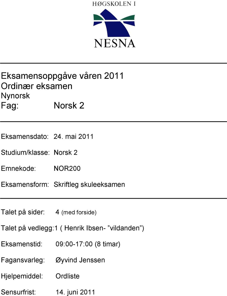 Talet på sider: 4 (med forside) Talet på vedlegg:1 ( Henrik Ibsen- vildanden )