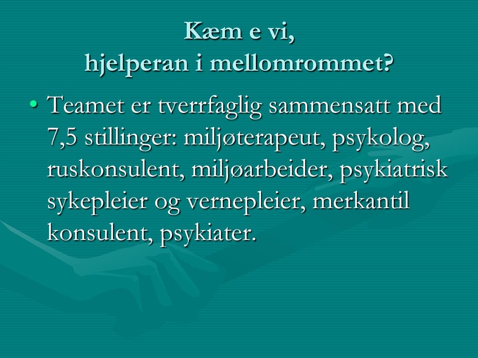 miljøterapeut, psykolog, ruskonsulent, miljøarbeider,