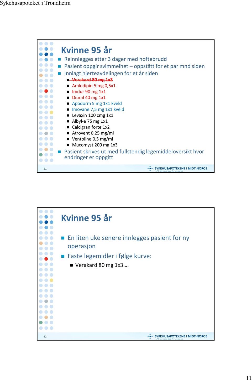 Albyl-e 75 mg 1x1 Calcigran forte 1x2 Atrovent 0,25 mg/ml Ventoline 0,5 mg/ml Mucomyst 200 mg 1x3 Pasient skrives ut med fullstendig