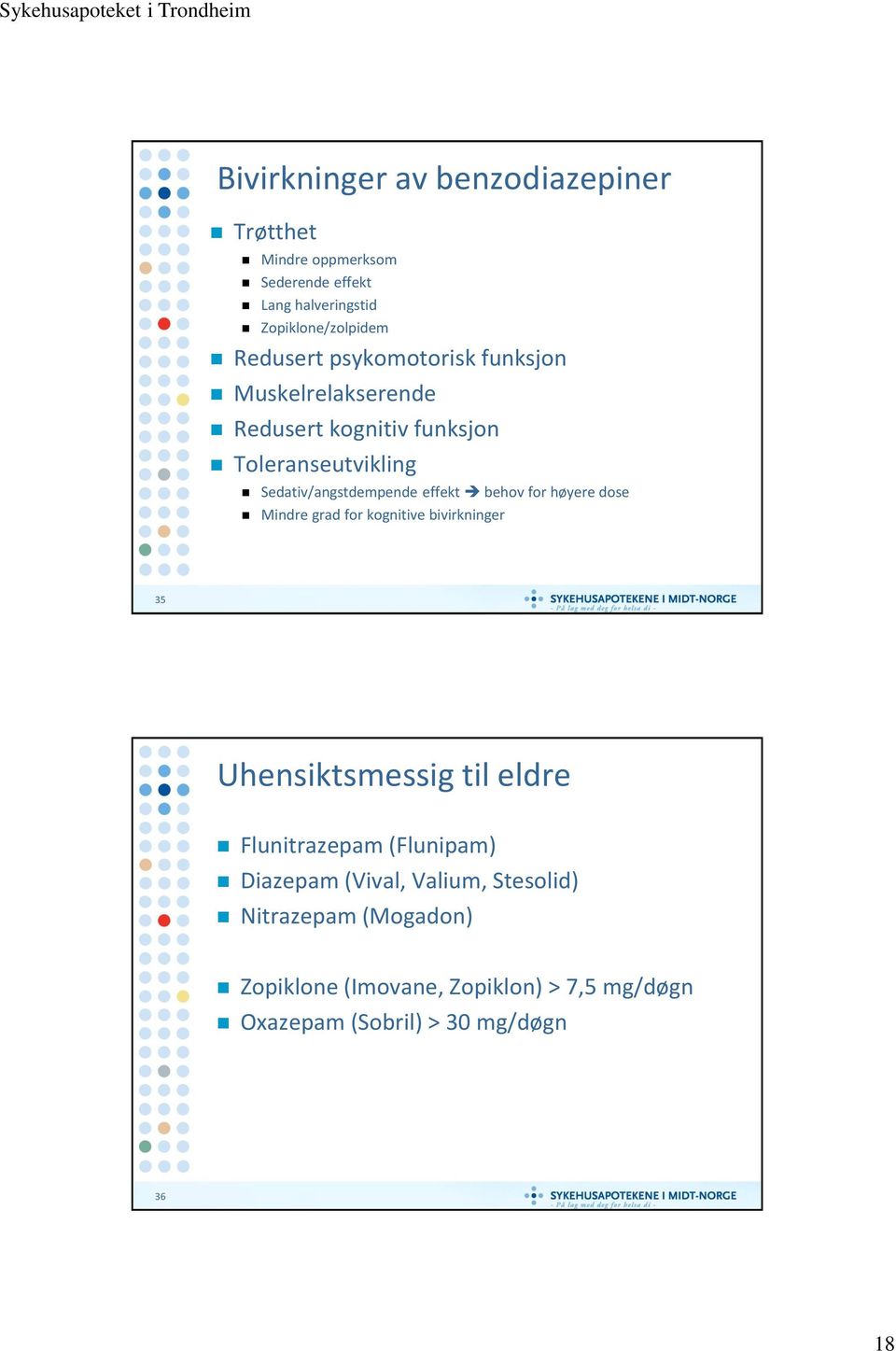 for høyere dose Mindre grad for kognitive bivirkninger 35 Uhensiktsmessig til eldre Flunitrazepam (Flunipam) Diazepam