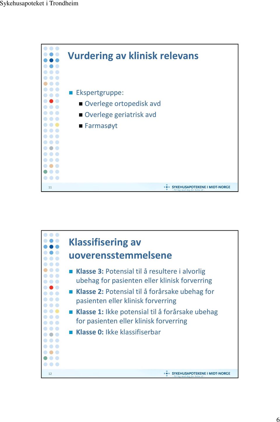 eller klinisk forverring Klasse 2: Potensial til å forårsake ubehag for pasienten eller klinisk forverring