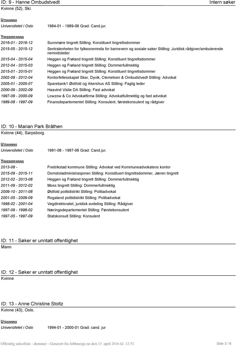 nemndsleder 2015-04 - 2015-04 Heggen og Frøland tingrett Stilling: Konstituert tingrettsdommer 2012-04 - 2015-03 Heggen og Frøland tingrett Stilling: Dommerfullmektig 2015-01 - 2015-01 Heggen og