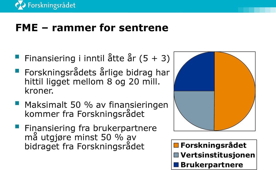 Maksimalt 50 % av finansieringen kommer fra Forskningsrådet Finansiering fra