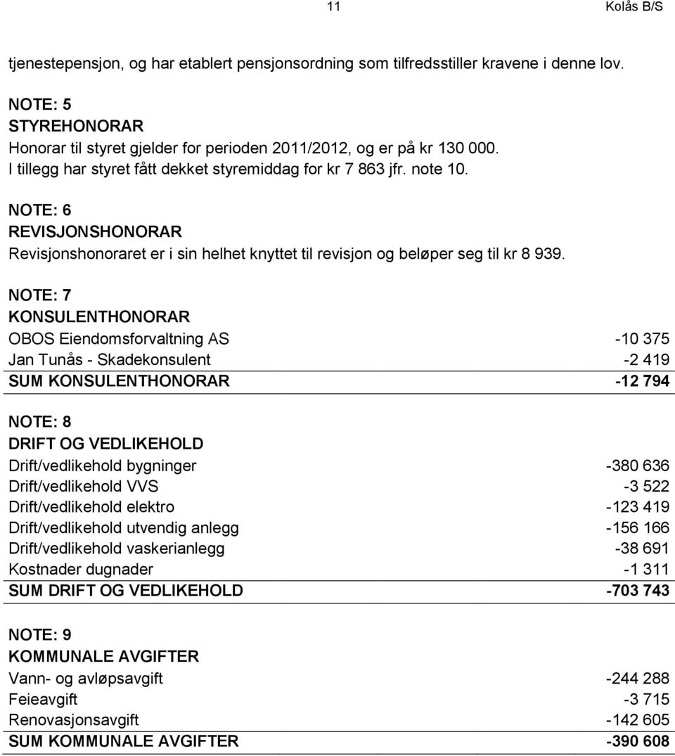 NOTE: 7 KONSULENTHONORAR OBOS Eiendomsforvaltning AS -10 375 Jan Tunås - Skadekonsulent -2 419 SUM KONSULENTHONORAR -12 794 NOTE: 8 DRIFT OG VEDLIKEHOLD Drift/vedlikehold bygninger -380 636