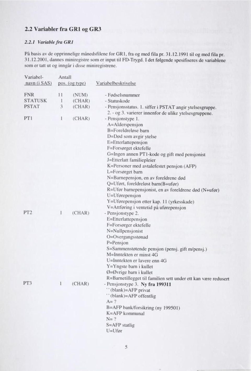 (og type) Variabelbeskrivelse FNR (NUM) - Fødselsnummer STATUSK (CHAR) - Statuskode PSTAT 3 (CHAR) - Pensjonsstatus.. siffer i PSTAT angir ytelsesgruppe. PTI I (CHAR) 2. - og 3.