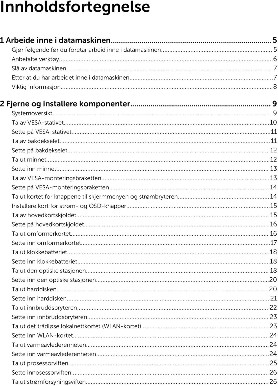 ..11 Ta av bakdekselet...11 Sette på bakdekselet...12 Ta ut minnet...12 Sette inn minnet... 13 Ta av VESA-monteringsbraketten...13 Sette på VESA-monteringsbraketten.