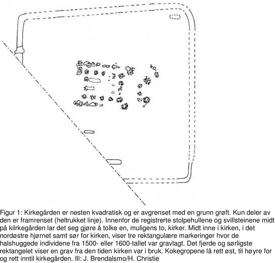 Midt inne i kirken, i det nordøstre hjørnet samt sør for kirken, viser tre rektangulære markeringer hvor de halshuggede individene fra 1500- eller