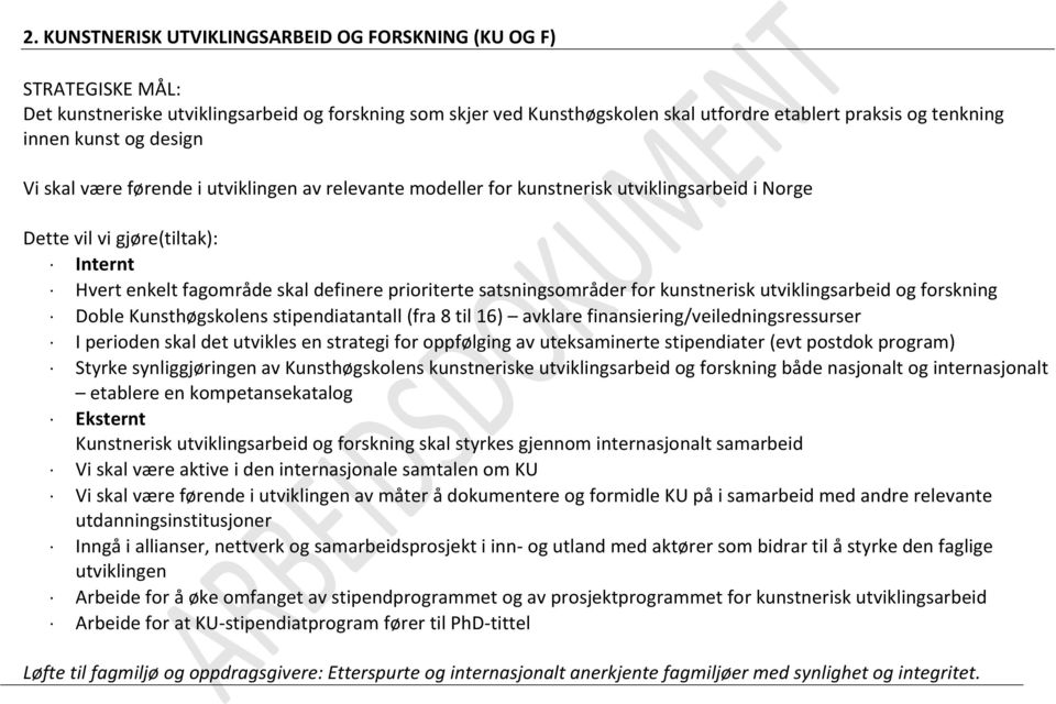 for kunstnerisk utviklingsarbeid og forskning Doble Kunsthøgskolens stipendiatantall (fra 8 til 16) avklare finansiering/veiledningsressurser I perioden skal det utvikles en strategi for oppfølging