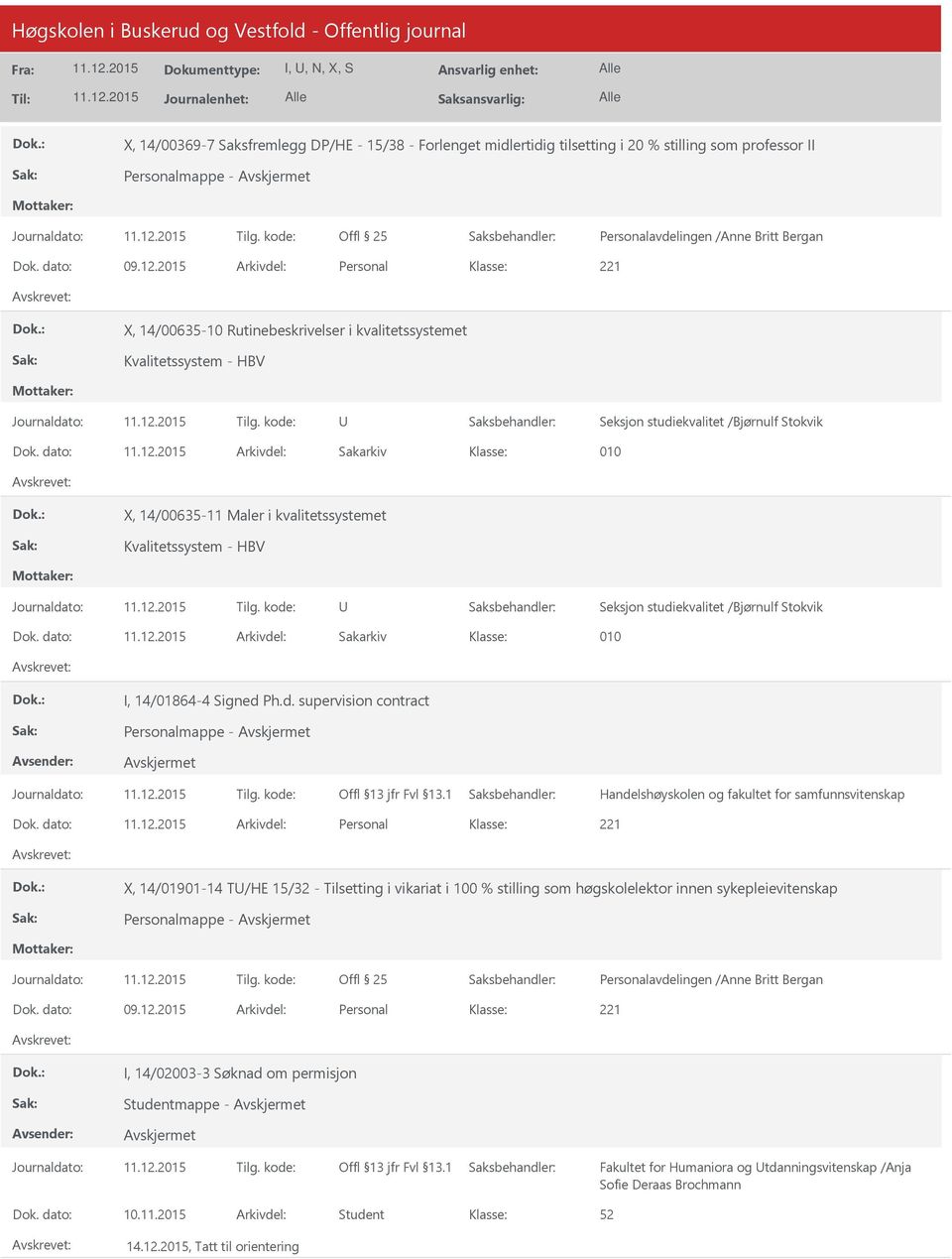 dato: Arkivdel: Sakarkiv 010 X, 14/00635-11 Maler i kvalitetssystemet Kvalitetssystem - HBV Seksjon studiekvalitet /Bjørnulf Stokvik Dok. dato: Arkivdel: Sakarkiv 010 I, 14/01864-4 Signed Ph.d. supervision contract Personalmappe - Dok.