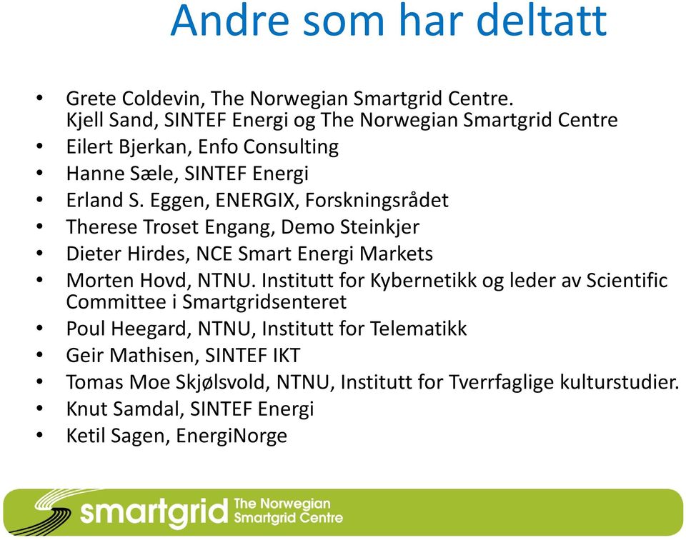 Eggen, ENERGIX, Forskningsrådet Therese Troset Engang, Demo Steinkjer Dieter Hirdes, NCE Smart Energi Markets Morten Hovd, NTNU.