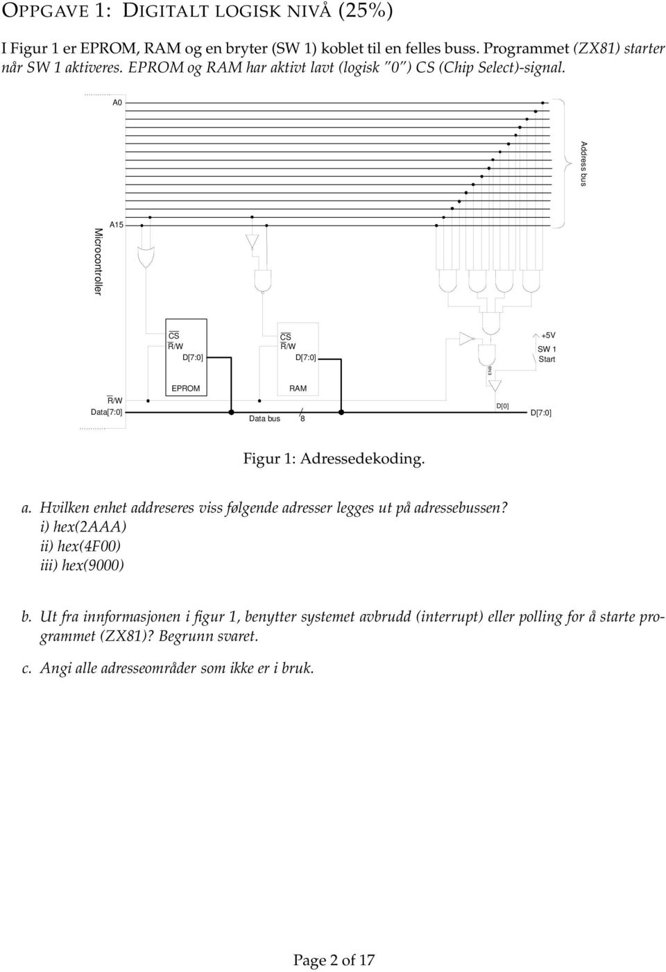 A0 Addressbus Microcontroller A15 CS R/W D[7:0] CS R/W D[7:0] +5V SW 1 Start ENB R/W Data[7:0] EPROM Data bus RAM 8 D[0] D[7:0] Figur 1: Adressedekoding. a.