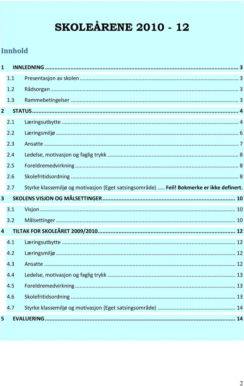 Bokmerke er ikke definert. 3 SKOLENS VISJON OG MÅLSETTINGER... 10 3.1 Visjon... 10 3.2 Målsettinger... 10 4 TILTAK FOR SKOLEÅRET 2009/2010... 12 4.1 Læringsutbytte... 12 4.2 Læringsmiljø... 12 4.3 Ansatte.