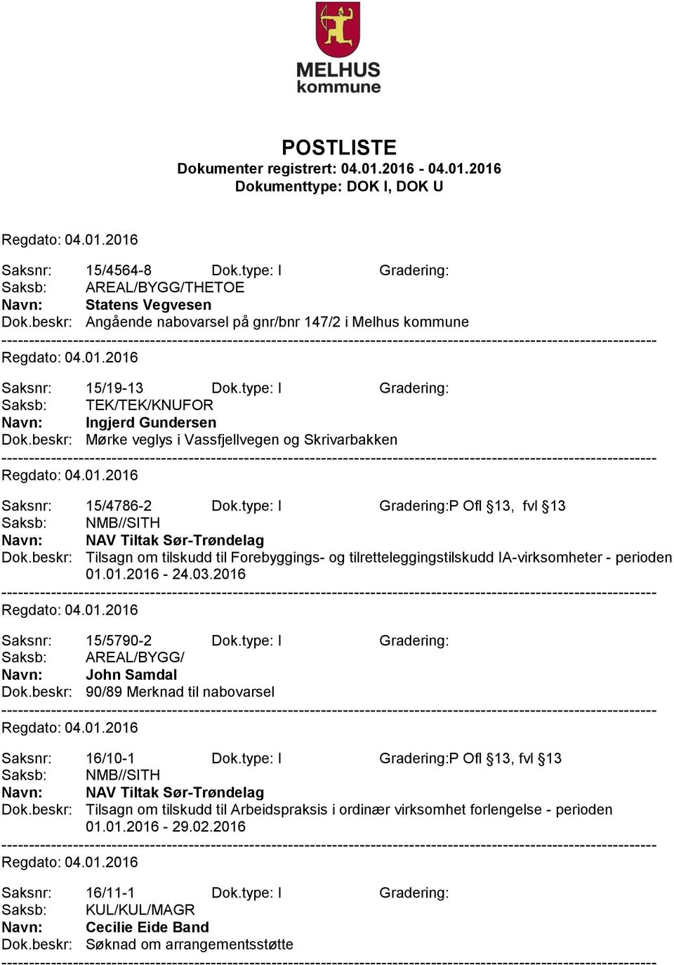 type: I Gradering:P Ofl 13, fvl 13 Saksb: NMB//SITH Navn: NAV Tiltak Sør-Trøndelag Dok.beskr: Tilsagn om tilskudd til Forebyggings- og tilretteleggingstilskudd IA-virksomheter - perioden 01.01.2016-24.