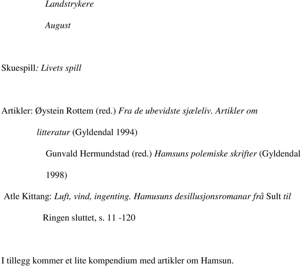 ) Hamsuns polemiske skrifter (Gyldendal 1998) Atle Kittang: Luft, vind, ingenting.