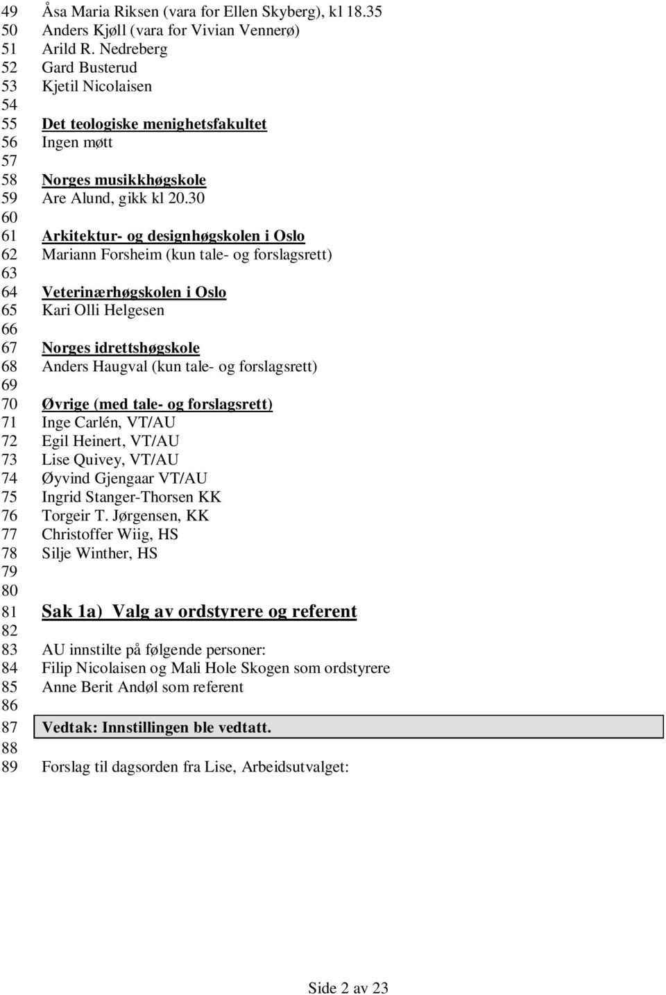 30 Arkitektur- og designhøgskolen i Oslo Mariann Forsheim (kun tale- og forslagsrett) Veterinærhøgskolen i Oslo Kari Olli Helgesen Norges idrettshøgskole Anders Haugval (kun tale- og forslagsrett)