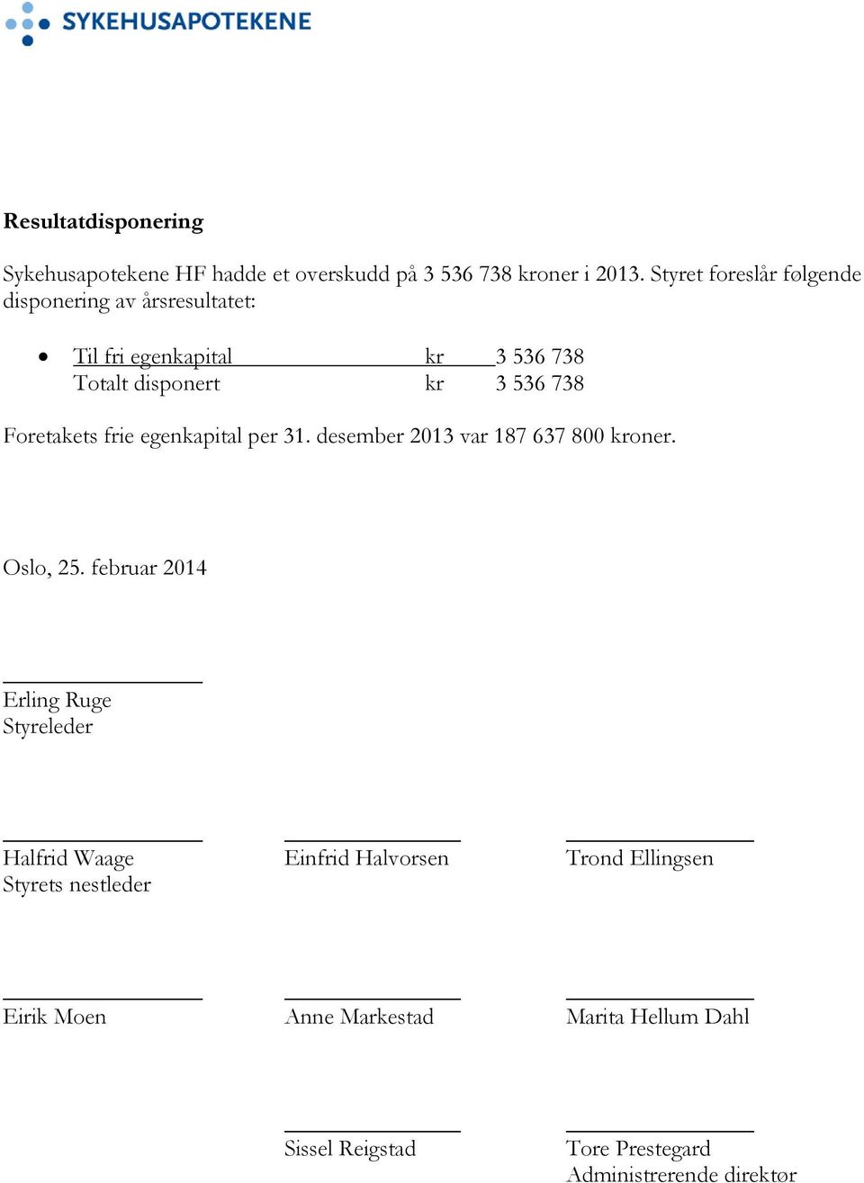 Foretakets frie egenkapital per 31. desember 2013 var 187 637 800 kroner. Oslo, 25.