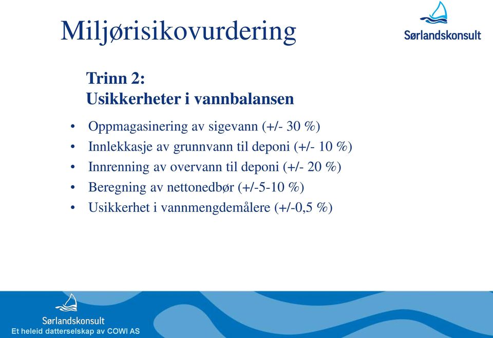 til deponi (+/- 10 %) Innrenning av overvann til deponi (+/- 20 %)