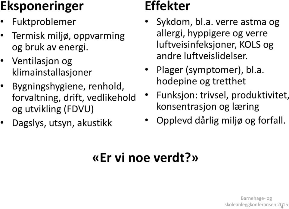 akustikk Effekter Sykdom, bl.a. verre astma og allergi, hyppigere og verre luftveisinfeksjoner, KOLS og andre luftveislidelser.