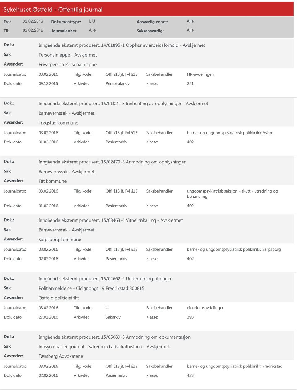 Fet kommune ungdomspsykiatrisk seksjon - akutt - utredning og behandling Inngående eksternt produsert, 15/03463-4 Vitneinnkalling - Avskjermet Sarpsborg kommune barne- og ungdomspsykiatrisk