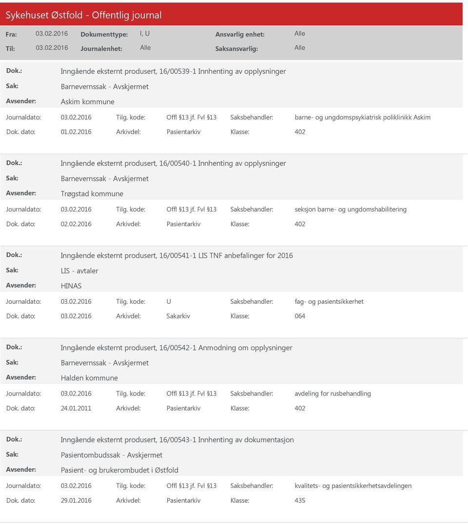 dato: Arkivdel: Sakarkiv 064 Inngående eksternt produsert, 16/00542-1 Anmodning om opplysninger Halden kommune avdeling for rusbehandling Dok. dato: 24.01.