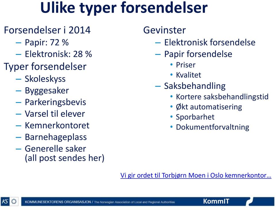 sendes her) Gevinster Elektronisk forsendelse Papir forsendelse Priser Kvalitet Saksbehandling Kortere