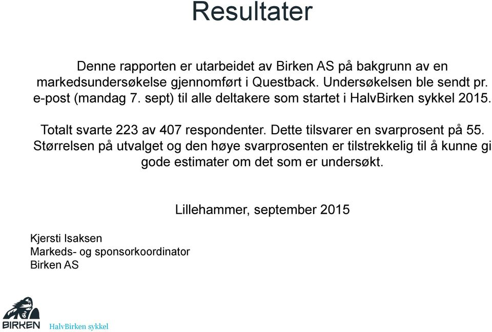 Totalt svarte 223 av 407 respondenter. Dette tilsvarer en svarprosent på 55.