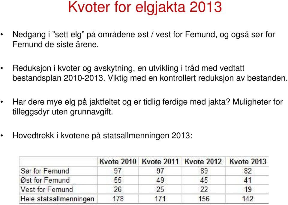 Reduksjon i kvoter og avskytning, en utvikling i tråd med vedtatt bestandsplan 2010-2013.