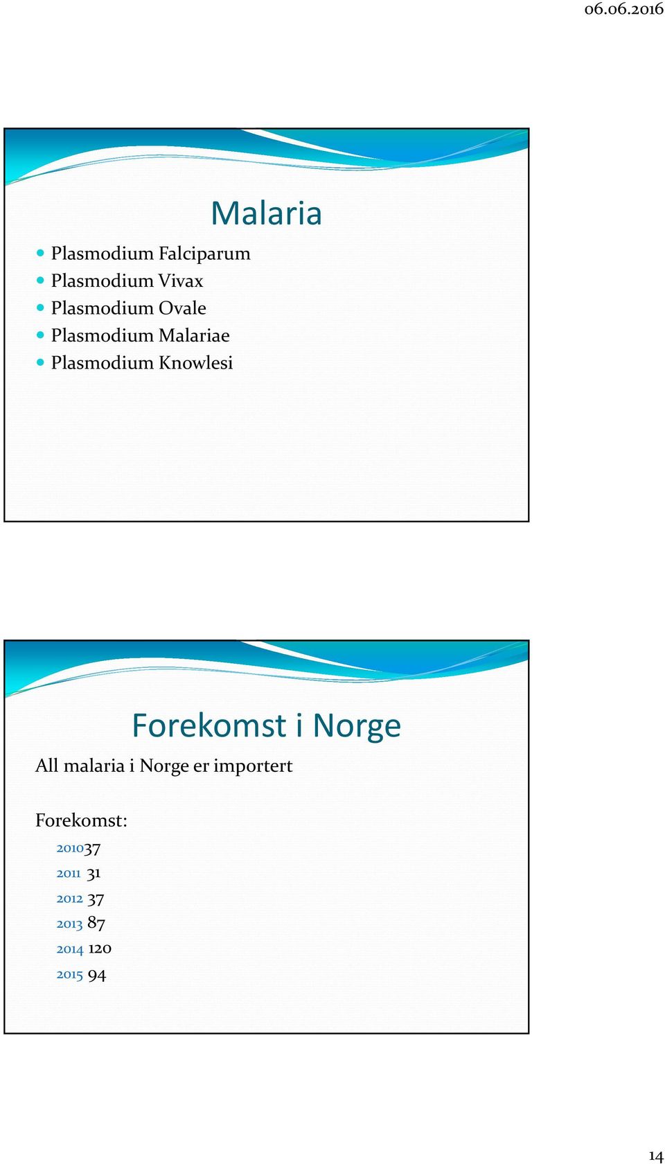 Forekomst i Norge All malaria i Norge er importert