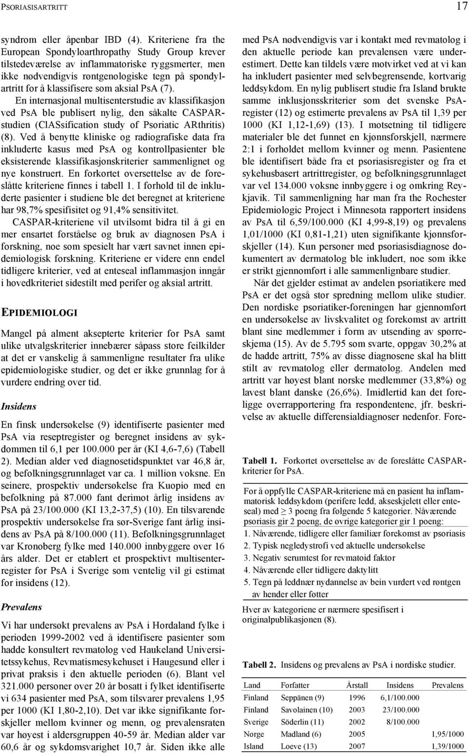 aksial PsA (7). En internasjonal multisenterstudie av klassifikasjon ved PsA ble publisert nylig, den såkalte CASPARstudien (ClASsification study of Psoriatic ARthritis) (8).
