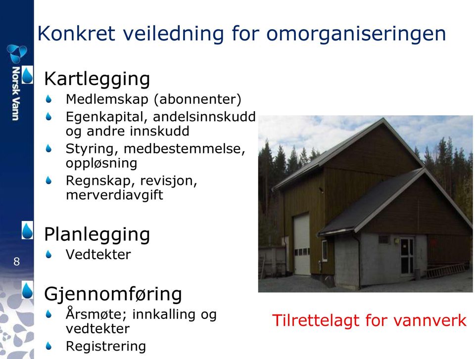 oppløsning Regnskap, revisjon, merverdiavgift 8 Planlegging Vedtekter