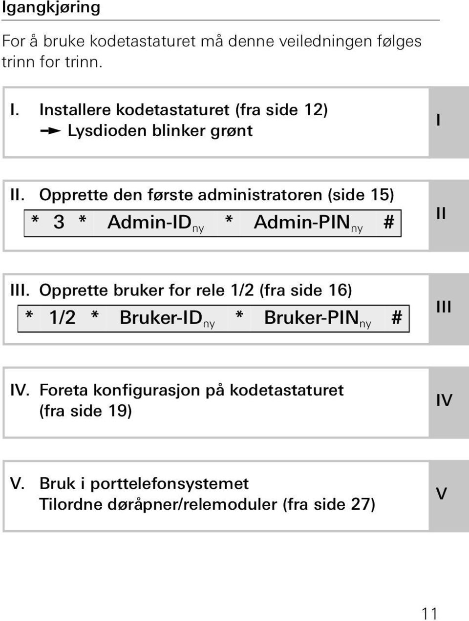 Opprette den første administratoren (side 15) * 3 * Admin-ID ny * Admin-PIN ny # II III.