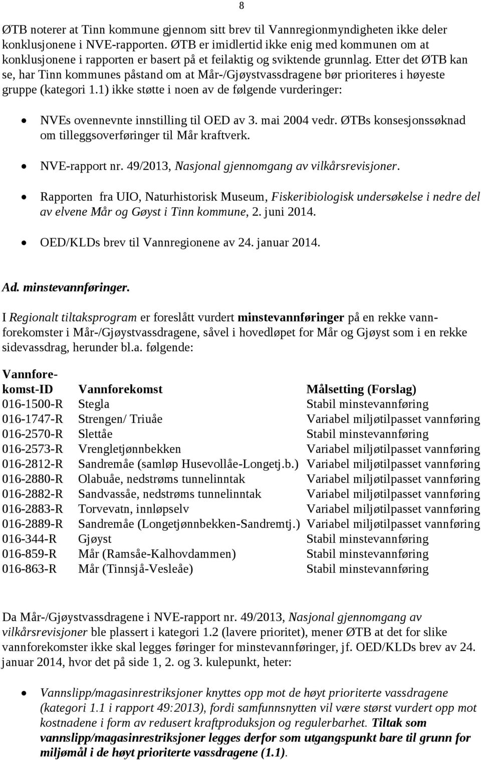 Etter det ØTB kan se, har Tinn kommunes påstand om at Mår-/Gjøystvassdragene bør prioriteres i høyeste gruppe (kategori 1.