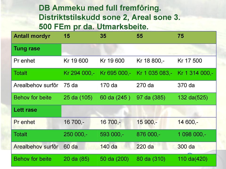 314 000,- Arealbehov surfôr 75 da 170 da 270 da 370 da Behov for beite 25 da (105) 60 da (245 ) 97 da (385) 132 da(525) Lett rase Pr enhet 16