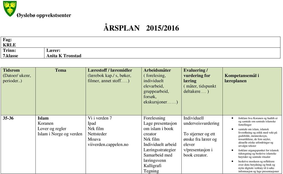 ) Kompetansemål i læreplanen 35-36 Islam Koranen Lover og regler Islam i Norge og verden 7 Lage presentasjon om islam i book creator Kalligrafi v/presentasjon i book creator.