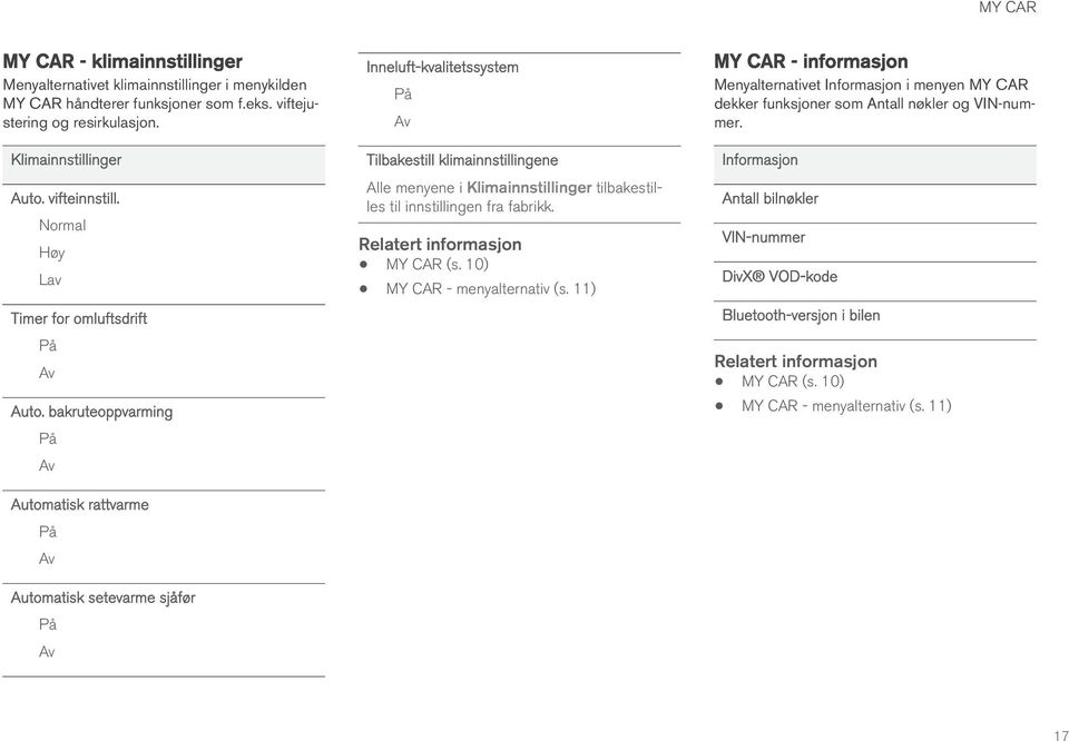 bakruteoppvarming På Av Automatisk rattvarme På Av Automatisk setevarme sjåfør På Av Inneluft-kvalitetssystem På Av Tilbakestill klimainnstillingene Alle menyene i Klimainnstillinger