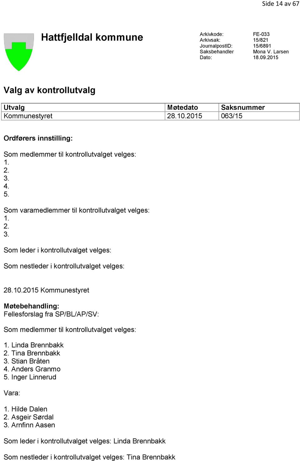 Som varamedlemmer til kontrollutvalget velges: 1. 2. 3. Som leder i kontrollutvalget velges: Som nestleder i kontrollutvalget velges: 28.10.