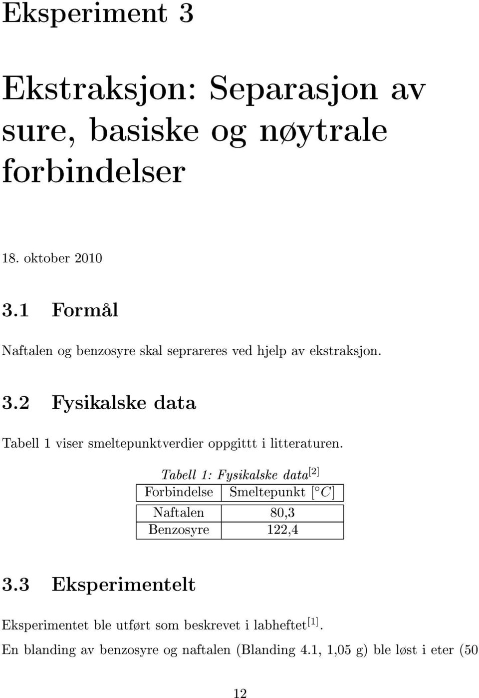 2 Fysikalske data Tabell 1 viser smeltepunktverdier oppgittt i litteraturen.