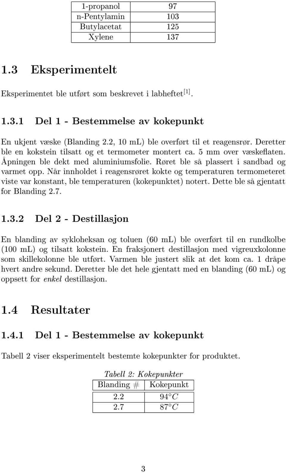 Røret ble så plassert i sandbad og varmet opp. Når innholdet i reagensrøret kokte og temperaturen termometeret viste var konstant, ble temperaturen (kokepunktet) notert.