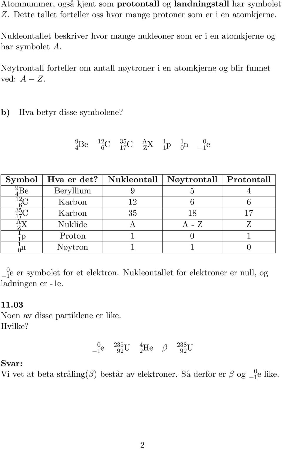 b) Hva betyr disse symbolene? 4 Be 2 6 C 35 7 C A Z X p 0 n 0 e Symbol Hva er det?